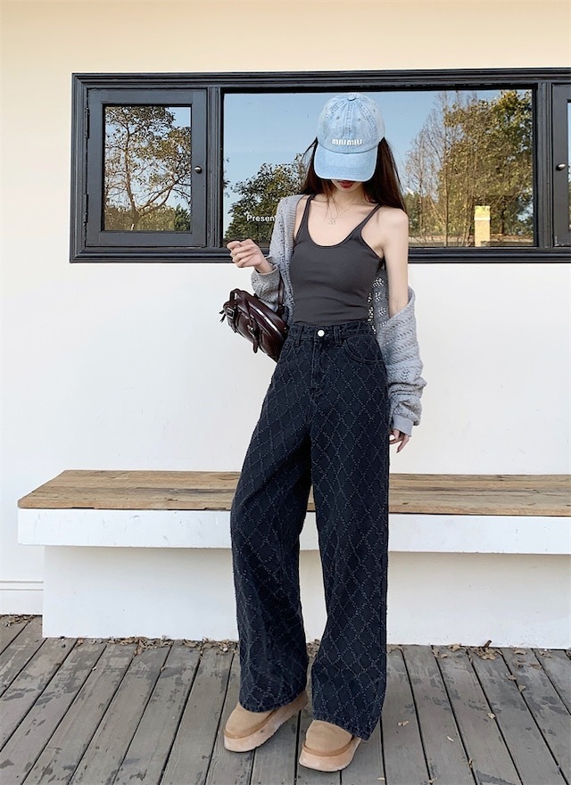 2024 春夏パンツ デニム ジーンズ モップパンツ ジャガード 菱形 ワイド ストレート ハイウエスト 脚長効果 美脚効果 細見え 春 黒 ブラック カジュアル 韓国ファッション レディース お出か 2024 春夏パンツ デニム ジーンズ モップパンツ ジャガード 菱形 ワイド ストレート ハイウエスト 脚長効果 美脚効果 細見え 春 黒 ブラック カジュアル 韓国ファッション レディース お出か