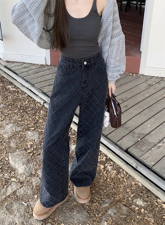 2024 春夏パンツ デニム ジーンズ モップパンツ ジャガード 菱形 ワイド ストレート ハイウエスト 脚長効果 美脚効果 細見え 春 黒 ブラック カジュアル 韓国ファッション レディース お出か 2024 春夏パンツ デニム ジーンズ モップパンツ ジャガード 菱形 ワイド ストレート ハイウエスト 脚長効果 美脚効果 細見え 春 黒 ブラック カジュアル 韓国ファッション レディース お出か