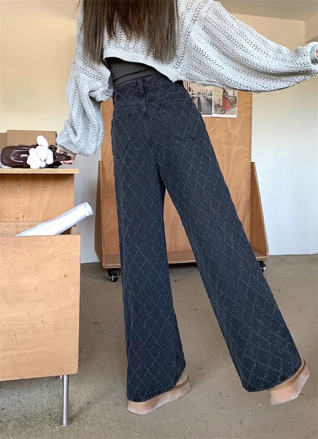 2024 春夏パンツ デニム ジーンズ モップパンツ ジャガード 菱形 ワイド ストレート ハイウエスト 脚長効果 美脚効果 細見え 春 黒 ブラック カジュアル 韓国ファッション レディース お出か 2024 春夏パンツ デニム ジーンズ モップパンツ ジャガード 菱形 ワイド ストレート ハイウエスト 脚長効果 美脚効果 細見え 春 黒 ブラック カジュアル 韓国ファッション レディース お出か