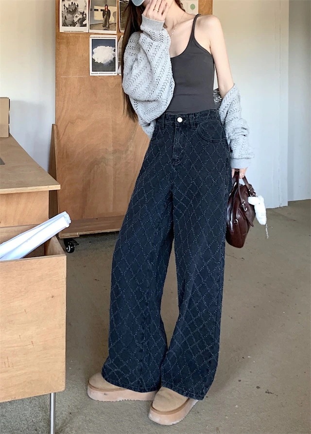 2024 春夏パンツ デニム ジーンズ モップパンツ ジャガード 菱形 ワイド ストレート ハイウエスト 脚長効果 美脚効果 細見え 春 黒 ブラック カジュアル 韓国ファッション レディース お出か 2024 春夏パンツ デニム ジーンズ モップパンツ ジャガード 菱形 ワイド ストレート ハイウエスト 脚長効果 美脚効果 細見え 春 黒 ブラック カジュアル 韓国ファッション レディース お出か