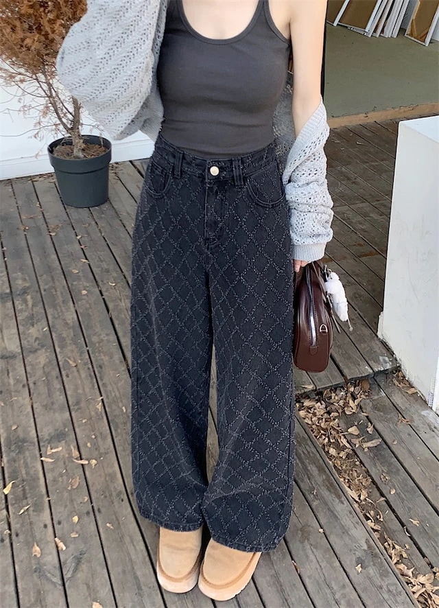 2024 春夏パンツ デニム ジーンズ モップパンツ ジャガード 菱形 ワイド ストレート ハイウエスト 脚長効果 美脚効果 細見え 春 黒 ブラック カジュアル 韓国ファッション レディース お出か 2024 春夏パンツ デニム ジーンズ モップパンツ ジャガード 菱形 ワイド ストレート ハイウエスト 脚長効果 美脚効果 細見え 春 黒 ブラック カジュアル 韓国ファッション レディース お出か