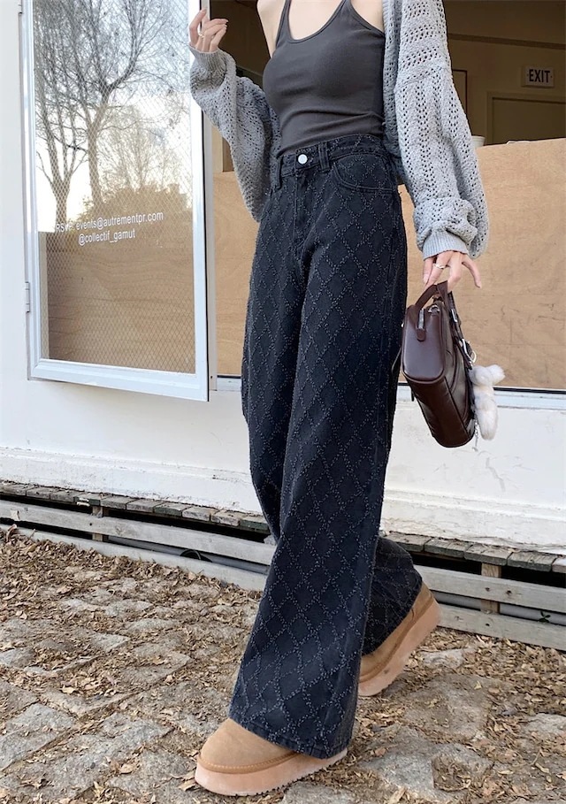 2024 春夏パンツ デニム ジーンズ モップパンツ ジャガード 菱形 ワイド ストレート ハイウエスト 脚長効果 美脚効果 細見え 春 黒 ブラック カジュアル 韓国ファッション レディース お出か 2024 春夏パンツ デニム ジーンズ モップパンツ ジャガード 菱形 ワイド ストレート ハイウエスト 脚長効果 美脚効果 細見え 春 黒 ブラック カジュアル 韓国ファッション レディース お出か