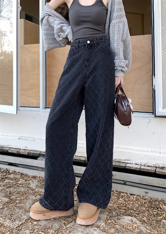 2024 春夏パンツ デニム ジーンズ モップパンツ ジャガード 菱形 ワイド ストレート ハイウエスト 脚長効果 美脚効果 細見え 春 黒 ブラック カジュアル 韓国ファッション レディース お出か 2024 春夏パンツ デニム ジーンズ モップパンツ ジャガード 菱形 ワイド ストレート ハイウエスト 脚長効果 美脚効果 細見え 春 黒 ブラック カジュアル 韓国ファッション レディース お出か
