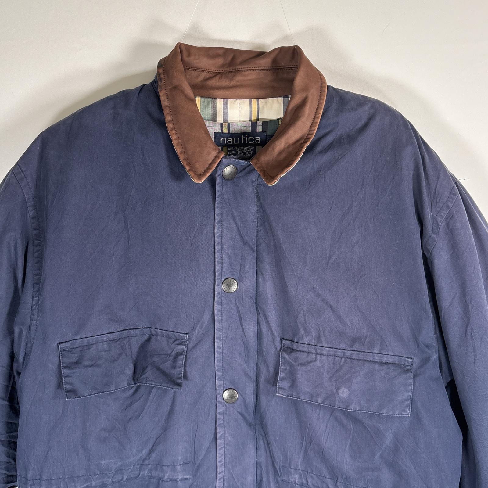 古着 90s/90年代 ダウンジャケット 襟レザー 裏地チェック柄 L ネイビー メンズ 古着 90s/90年代 ダウンジャケット 襟レザー 裏地チェック柄 L ネイビー メンズ