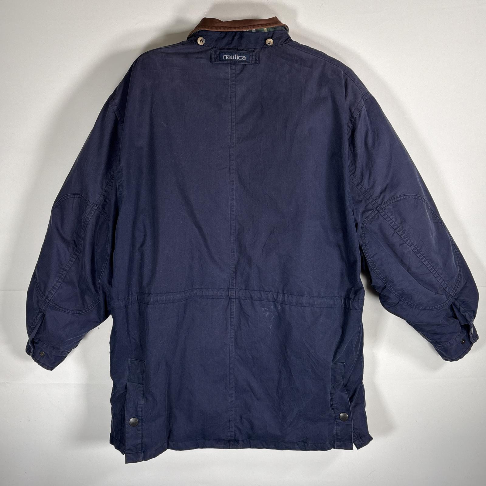 古着 90s/90年代 ダウンジャケット 襟レザー 裏地チェック柄 L ネイビー メンズ 古着 90s/90年代 ダウンジャケット 襟レザー 裏地チェック柄 L ネイビー メンズ