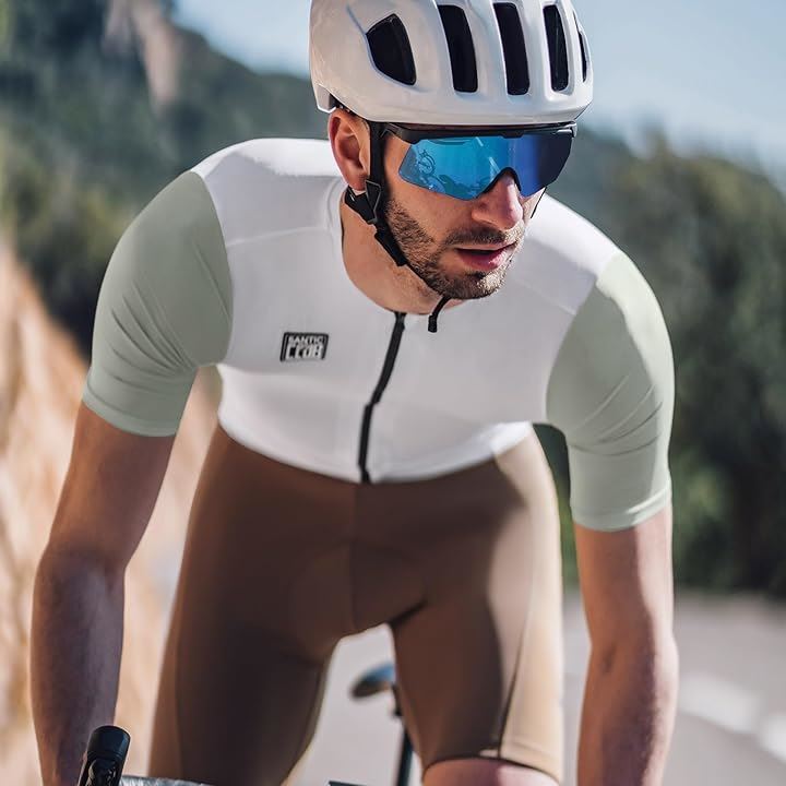 メンズ サイクルジャージ 半袖 春夏 薄手 サイクリングウエア 後ろポケット 自転車 ロードバイク 通気 速乾(ホワイト, L)