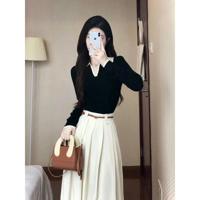 ハイエンドのカスタマイズ-ツーピーススカートのセット上品で香り高いスカートレディース長袖ニットトップス秋のコンプリートセット