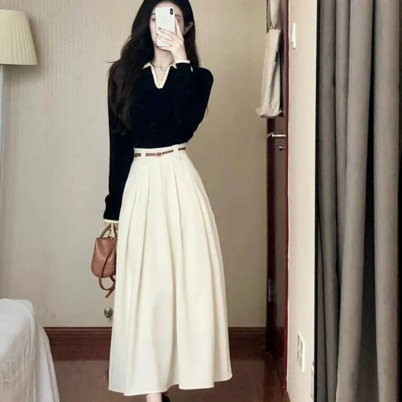 ハイエンドのカスタマイズ-ツーピーススカートのセット上品で香り高いスカートレディース長袖ニットトップス秋のコンプリートセット