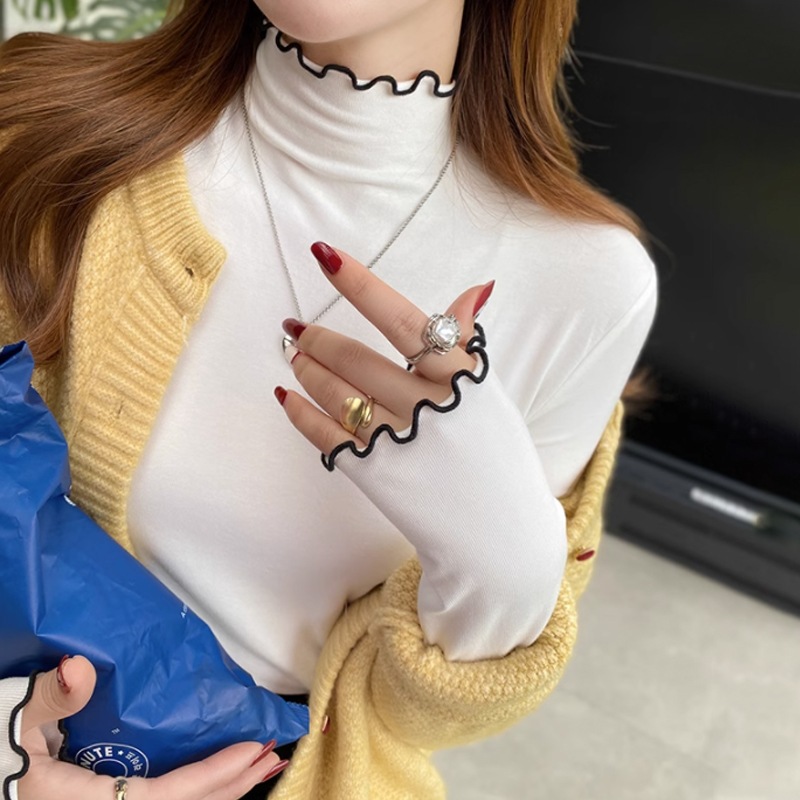 カットソー 長袖 メロー ハイネック レディース メロウ 配色 ライン ロン シャツ タートルネック タートル 長袖シャツ 重ね着 インナー オフィス フリルネック シアー トップス シアートップス