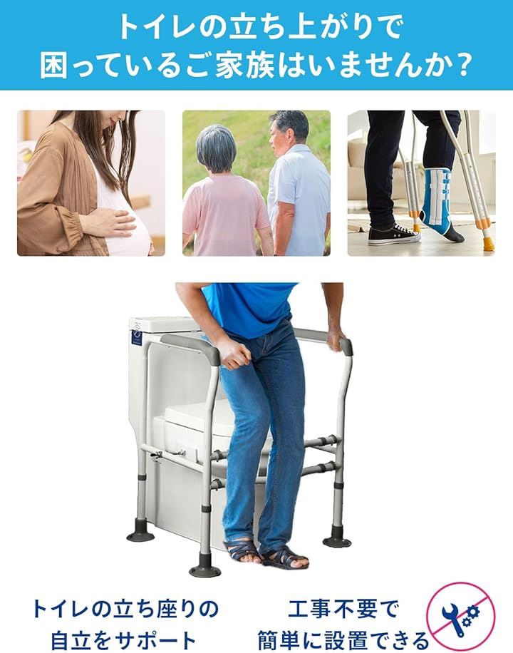 トイレアシストアーム 立上り補助 介助 介護 サポート 抗菌 トイレ用手すり 吸盤付き 工事不要 工具不要 簡単取付 簡単組立 手摺 転倒防止 高さ 幅 調節可能( ホワイト)