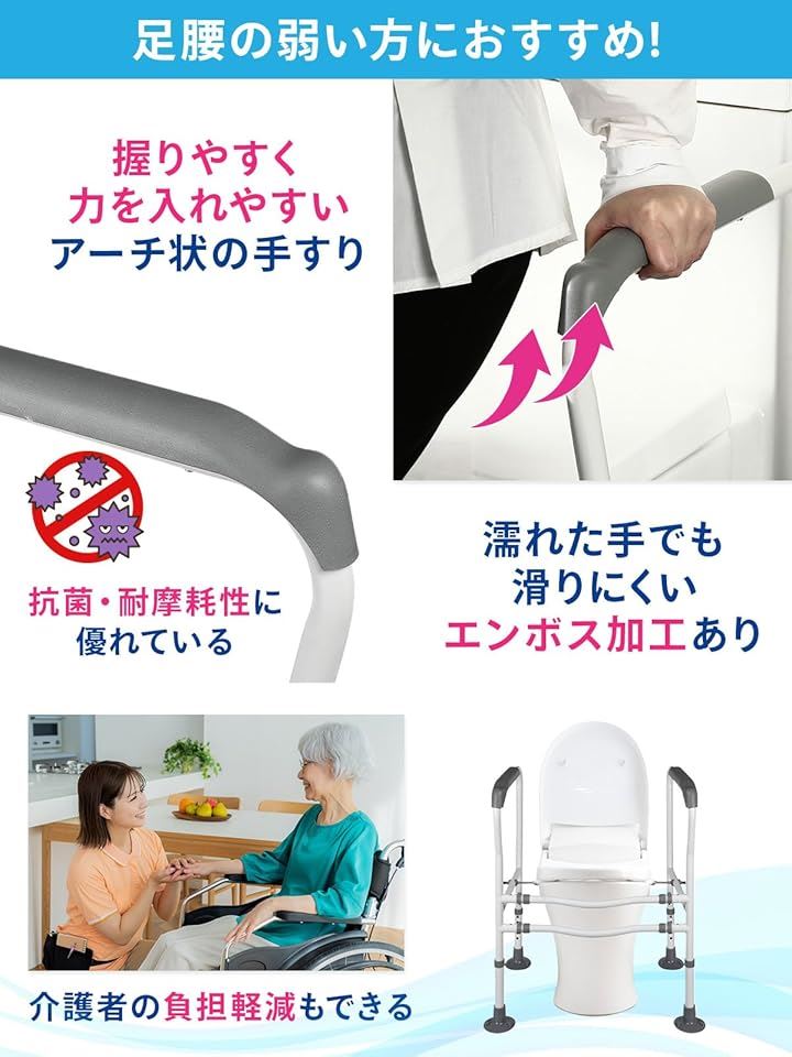 トイレアシストアーム 立上り補助 介助 介護 サポート 抗菌 トイレ用手すり 吸盤付き 工事不要 工具不要 簡単取付 簡単組立 手摺 転倒防止 高さ 幅 調節可能( ホワイト)