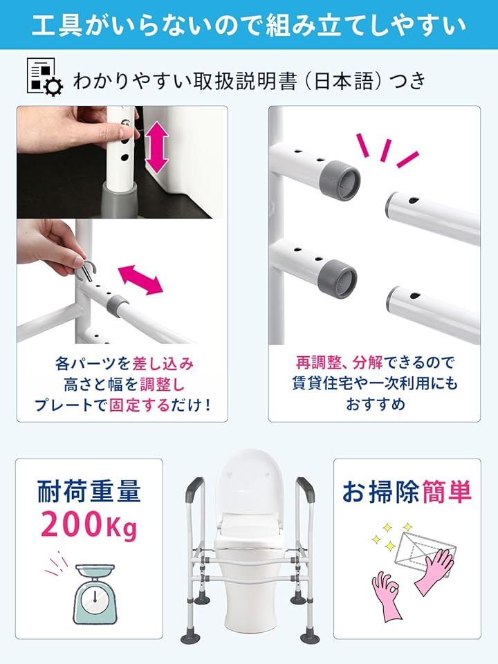 トイレアシストアーム 立上り補助 介助 介護 サポート 抗菌 トイレ用手すり 吸盤付き 工事不要 工具不要 簡単取付 簡単組立 手摺 転倒防止 高さ 幅 調節可能( ホワイト)
