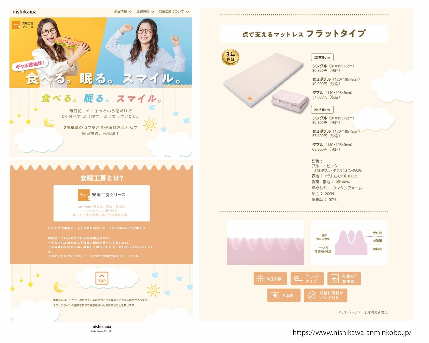 シリーズ累計70000台以上出荷！ 西川 点で支える 健康敷きふとん ダブル 専用シーツ付 日本製 厚み9cm 200ニュートン[旧190ニュートン] 大型便 TBK-90D