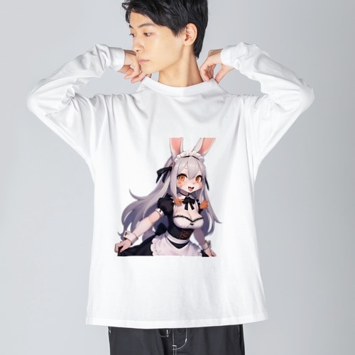 【文字入れ可能受注生産】白うさぎの女の子　メイド　ケモナー ビッグシルエットロングスリーブTシャツ