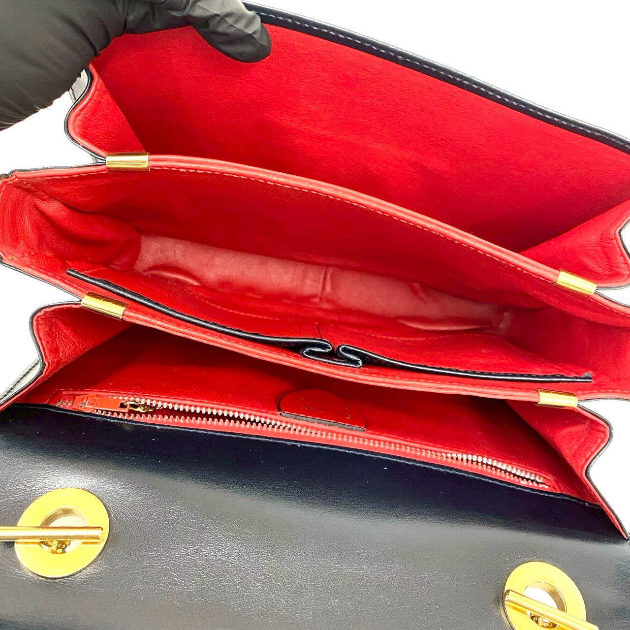 ヴィンテージ サークル ロゴ 馬車 金具ハンドバッグ カーフ レザー ネイビー d97-2_8