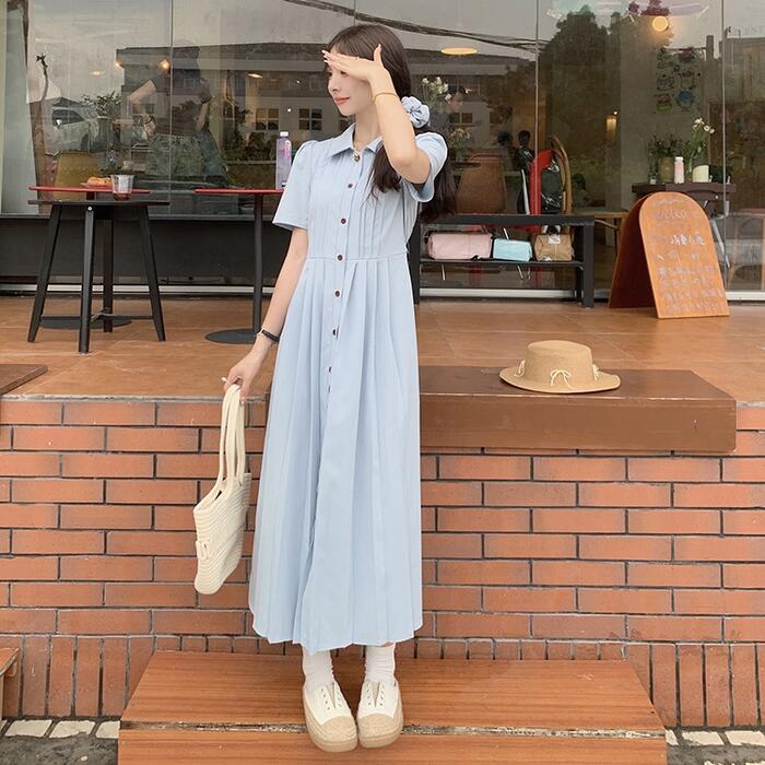 ワンピース ワンピ ドレス シャツワンピ 袖あり レディース プリーツ エレガント きれいめ カジュアル 大人 可愛い フェミニン Aライン ロング丈 ウエストリボン パープル ブルー 青 ブラック