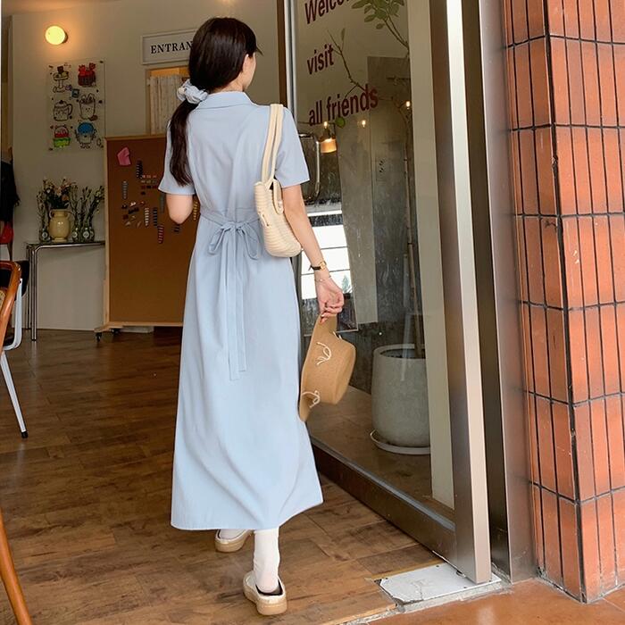 ワンピース ワンピ ドレス シャツワンピ 袖あり レディース プリーツ エレガント きれいめ カジュアル 大人 可愛い フェミニン Aライン ロング丈 ウエストリボン パープル ブルー 青 ブラック