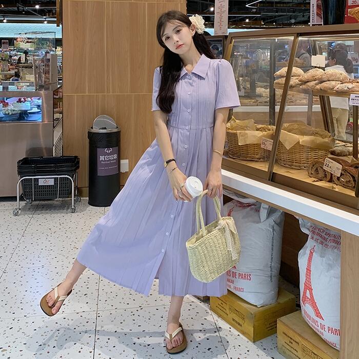 ワンピース ワンピ ドレス シャツワンピ 袖あり レディース プリーツ エレガント きれいめ カジュアル 大人 可愛い フェミニン Aライン ロング丈 ウエストリボン パープル ブルー 青 ブラック
