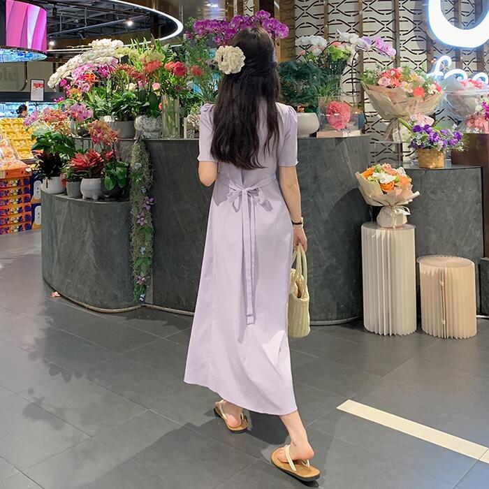 ワンピース ワンピ ドレス シャツワンピ 袖あり レディース プリーツ エレガント きれいめ カジュアル 大人 可愛い フェミニン Aライン ロング丈 ウエストリボン パープル ブルー 青 ブラック