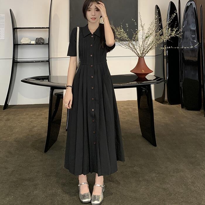 ワンピース ワンピ ドレス シャツワンピ 袖あり レディース プリーツ エレガント きれいめ カジュアル 大人 可愛い フェミニン Aライン ロング丈 ウエストリボン パープル ブルー 青 ブラック