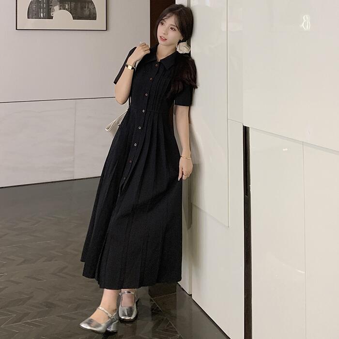 ワンピース ワンピ ドレス シャツワンピ 袖あり レディース プリーツ エレガント きれいめ カジュアル 大人 可愛い フェミニン Aライン ロング丈 ウエストリボン パープル ブルー 青 ブラック