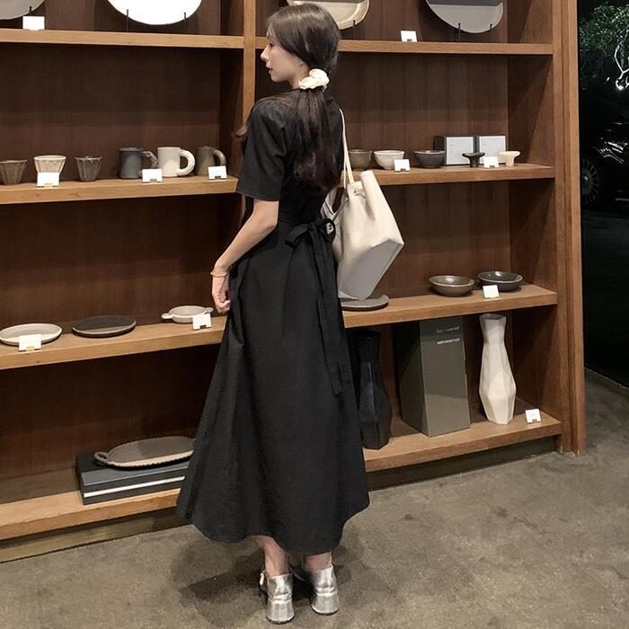 ワンピース ワンピ ドレス シャツワンピ 袖あり レディース プリーツ エレガント きれいめ カジュアル 大人 可愛い フェミニン Aライン ロング丈 ウエストリボン パープル ブルー 青 ブラック