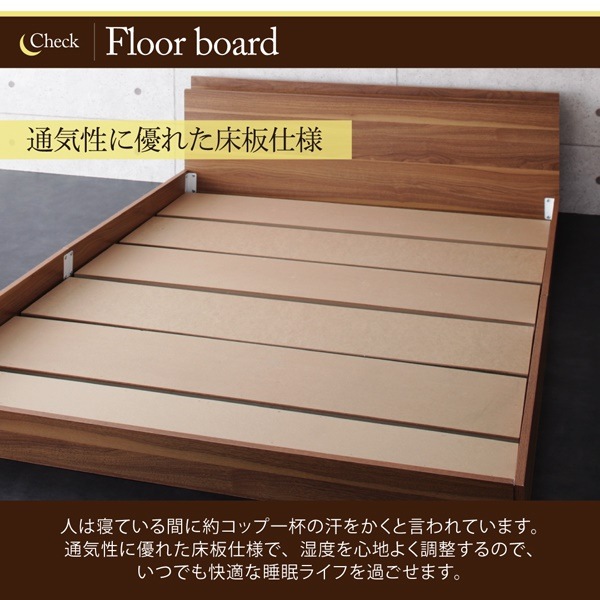 スリムモダンライト付き フロアベッド [クレセントムーン] [スタンダードポケットコイルマットレス付き] シングル [フレーム色]ウォルナットブラウン [マットレス色]ブラック