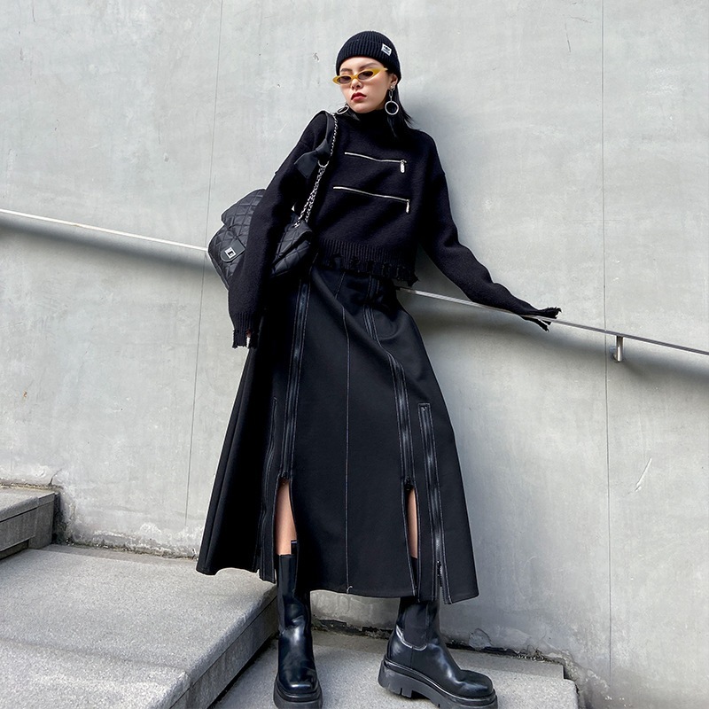 夕イトスカ一ト日系ダークカジュアル半身スカートウエストを緩めて細く見せるジョイントファスナー開叉a字スカート 夕イトスカ一ト日系ダークカジュアル半身スカートウエストを緩めて細く見せるジョイントファスナー開叉a字スカート