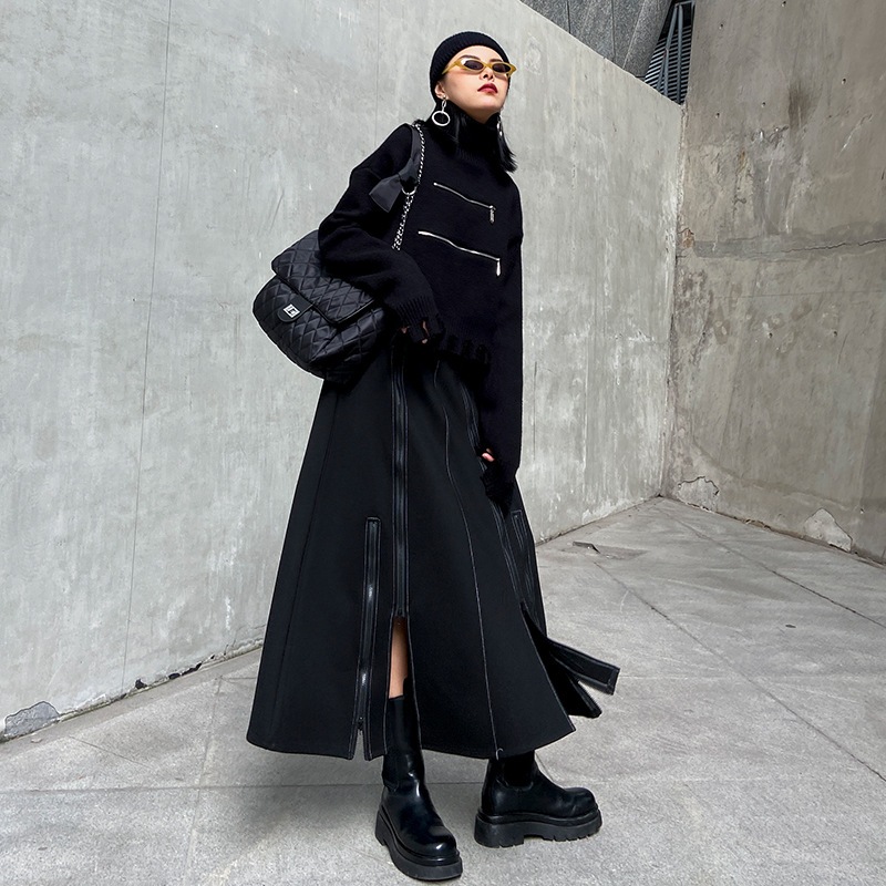 夕イトスカ一ト日系ダークカジュアル半身スカートウエストを緩めて細く見せるジョイントファスナー開叉a字スカート 夕イトスカ一ト日系ダークカジュアル半身スカートウエストを緩めて細く見せるジョイントファスナー開叉a字スカート