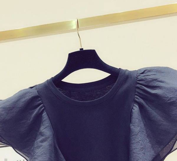 フリル トップス レディース フリル袖 半袖 フレンチスリーブ シャツ ブラウス クルーネック カットソー 大きいサイズ 白 黒 カジュアル 可愛い 韓国 ファッション 大人可愛い km