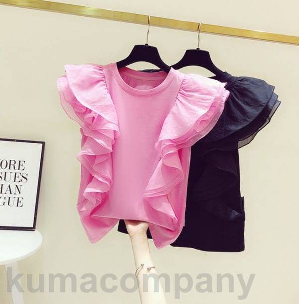 フリル トップス レディース フリル袖 半袖 フレンチスリーブ シャツ ブラウス クルーネック カットソー 大きいサイズ 白 黒 カジュアル 可愛い 韓国 ファッション 大人可愛い km