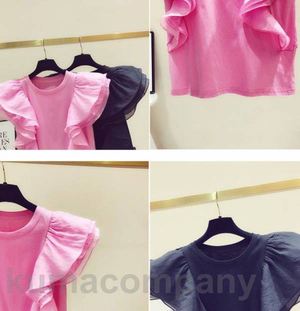 フリル トップス レディース フリル袖 半袖 フレンチスリーブ シャツ ブラウス クルーネック カットソー 大きいサイズ 白 黒 カジュアル 可愛い 韓国 ファッション 大人可愛い km