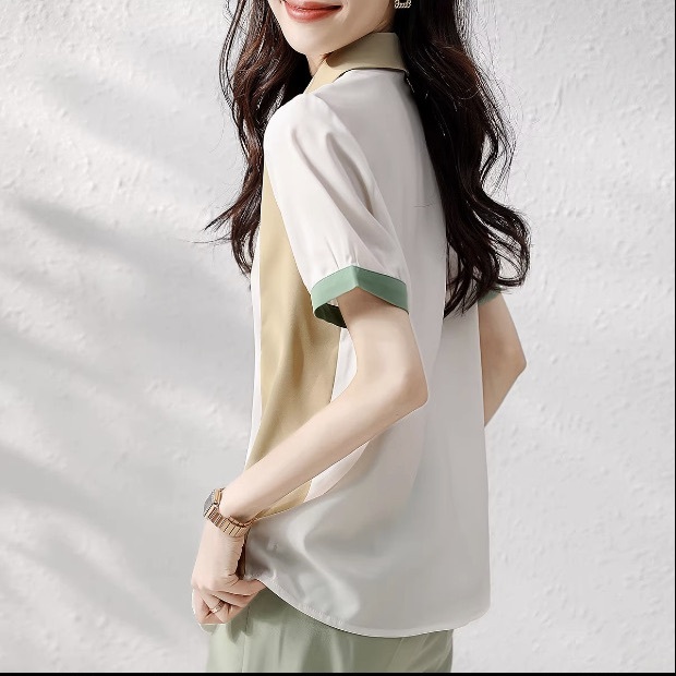 レディース トップス シャツ ブラウス 半袖 Vネック 襟付き 角襟 切り替え ドッキング フェミニン ストリート 前開き 配色 かわいい 大人可愛い きれいめ シンプル カジュアル 上品 おしゃれ