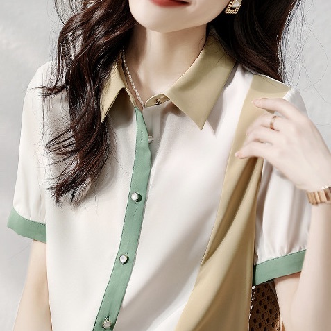 レディース トップス シャツ ブラウス 半袖 Vネック 襟付き 角襟 切り替え ドッキング フェミニン ストリート 前開き 配色 かわいい 大人可愛い きれいめ シンプル カジュアル 上品 おしゃれ