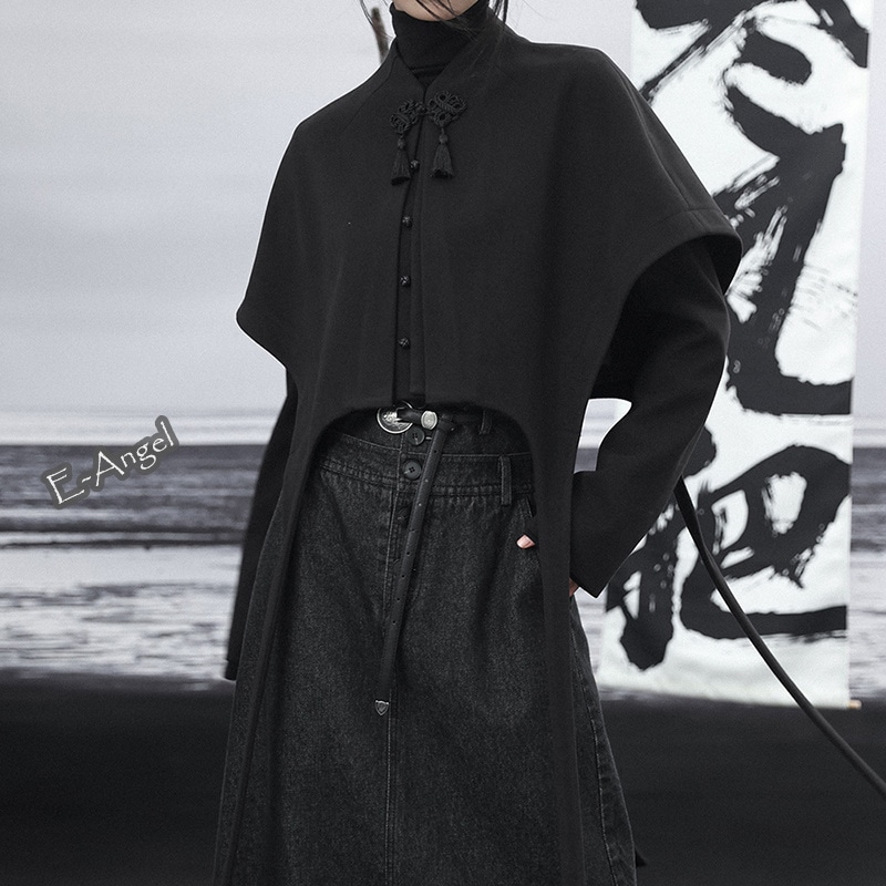 重ね着風トップス レディース チャイナ風 アウター ポンチョコート ショート丈 ラシャコート チャイナ服 普段着 黒 高見え 個性的