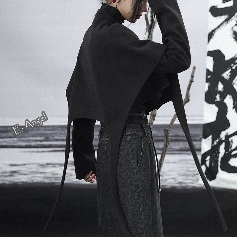 重ね着風トップス レディース チャイナ風 アウター ポンチョコート ショート丈 ラシャコート チャイナ服 普段着 黒 高見え 個性的