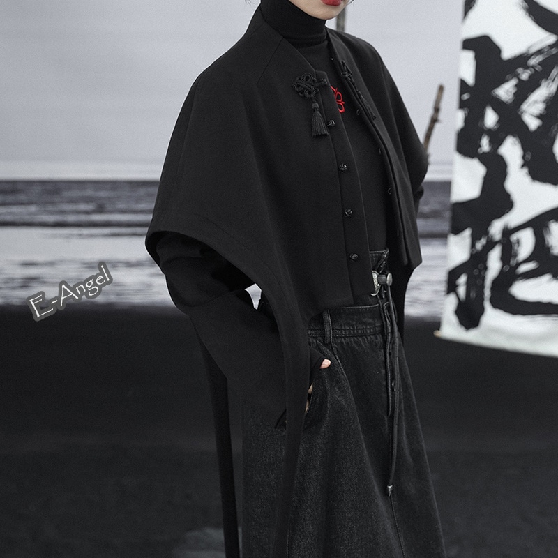 重ね着風トップス レディース チャイナ風 アウター ポンチョコート ショート丈 ラシャコート チャイナ服 普段着 黒 高見え 個性的