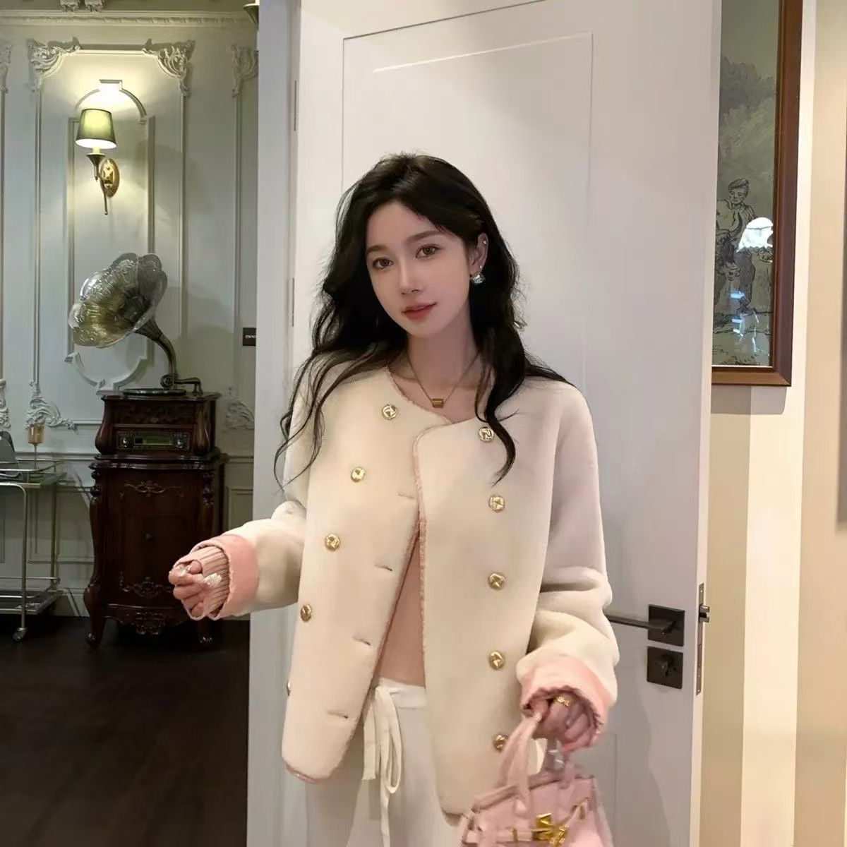 韓国東大門秋冬新作レトロ甘い毛皮ファーウエストコートスプライシング重いイミテーションフォックスファーコート韓国ファッション レディース