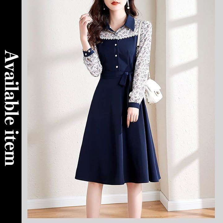 ワンピース 花柄 シアースリーブ 切り替えワンピース 膝下 丈 長袖 レディース( ネイビー, M) ワンピース 花柄 シアースリーブ 切り替えワンピース 膝下 丈 長袖 レディース( ネイビー, M)