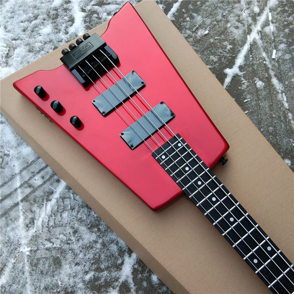 ヘッドレス4弦エレクトリックベースギター,透明な赤桃芯体木製ボディ