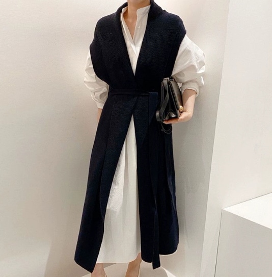 2点セット トップス ベスト ジレ ワンピース 袖なし 襟なし ロング丈 Vネック シャツワンピース ミモレ丈 長袖 サイドスリット かわいい 大人可愛い きれいめ シンプル 大人 上品 おしゃれ