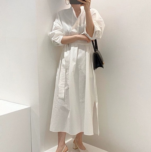 2点セット トップス ベスト ジレ ワンピース 袖なし 襟なし ロング丈 Vネック シャツワンピース ミモレ丈 長袖 サイドスリット かわいい 大人可愛い きれいめ シンプル 大人 上品 おしゃれ