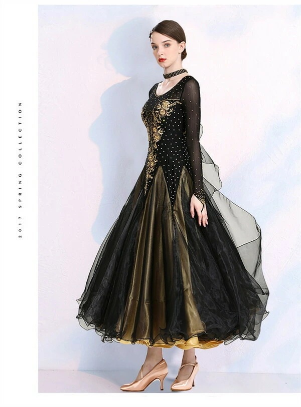 社交ダンス ワンピース モダンドレス 黒 大きいサイズ 長袖 社交ダンスドレス 社交ダンス衣装 ダンス発表会 大きい裾 スタンダードドレス 競技着 練習着 演出用 ワルツダンス ダンス衣装 ダンスパ