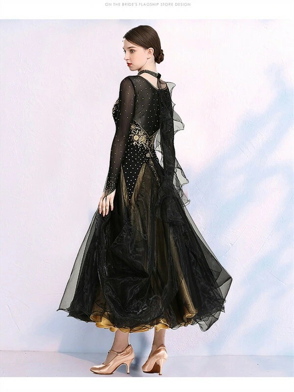 社交ダンス ワンピース モダンドレス 黒 大きいサイズ 長袖 社交ダンスドレス 社交ダンス衣装 ダンス発表会 大きい裾 スタンダードドレス 競技着 練習着 演出用 ワルツダンス ダンス衣装 ダンスパ