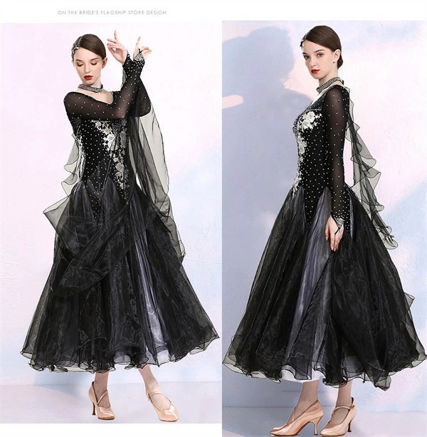 社交ダンス ワンピース モダンドレス 黒 大きいサイズ 長袖 社交ダンスドレス 社交ダンス衣装 ダンス発表会 大きい裾 スタンダードドレス 競技着 練習着 演出用 ワルツダンス ダンス衣装 ダンスパ