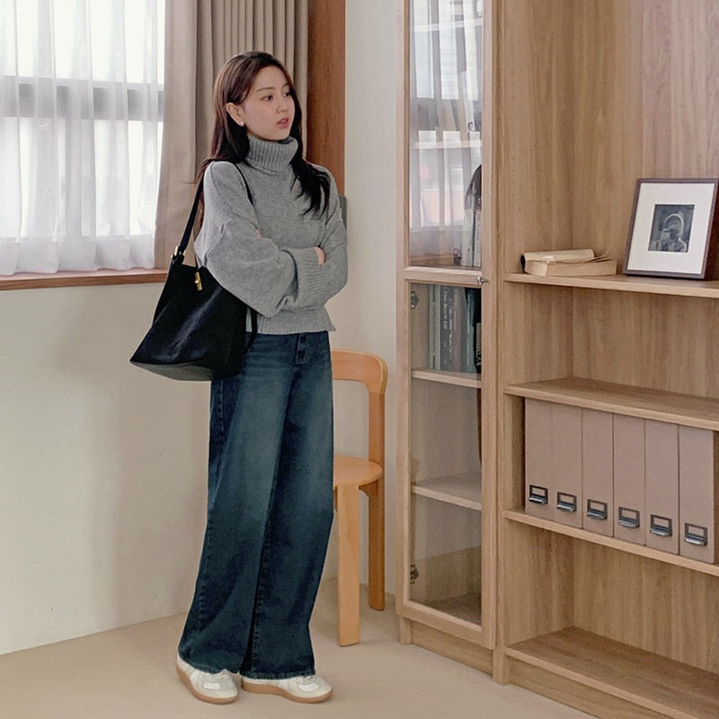 [tje0493] 韓国ファッション起毛ワイドデニムパンツ