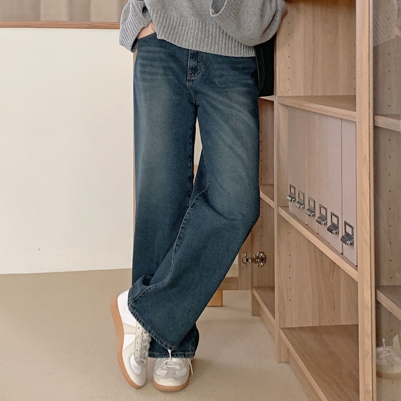 [tje0493] 韓国ファッション起毛ワイドデニムパンツ