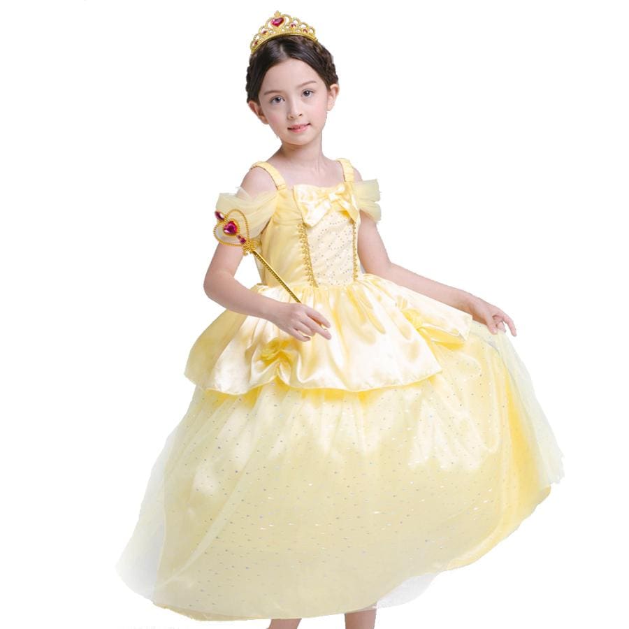 [即纳]新作先行発売ベル ドレス 子供 コスプレ 衣装 美女と野獣 豪華７点 セット ドレス 手袋 ティアラ ステッキ ネックレス イヤリング 指輪 100 110 120 130 140【短納期】