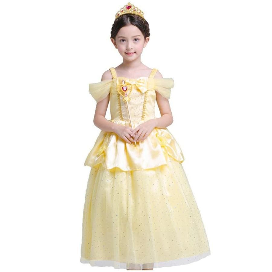 [即纳]新作先行発売ベル ドレス 子供 コスプレ 衣装 美女と野獣 豪華７点 セット ドレス 手袋 ティアラ ステッキ ネックレス イヤリング 指輪 100 110 120 130 140【短納期】