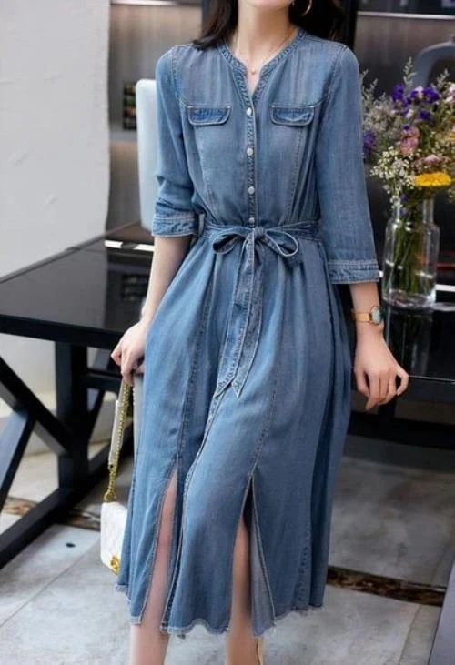 お早めにデニム シャツ ワンピース ジーンズ 長袖 ミモレ丈 韓国 オーバーシャツ レディース デニムワンピース シャツワンピース 無地 襟なし 大人可愛い 前開き ウエストリボン シャ お早めにデニム シャツ ワンピース ジーンズ 長袖 ミモレ丈 韓国 オーバーシャツ レディース デニムワンピース シャツワンピース 無地 襟なし 大人可愛い 前開き ウエストリボン シャ